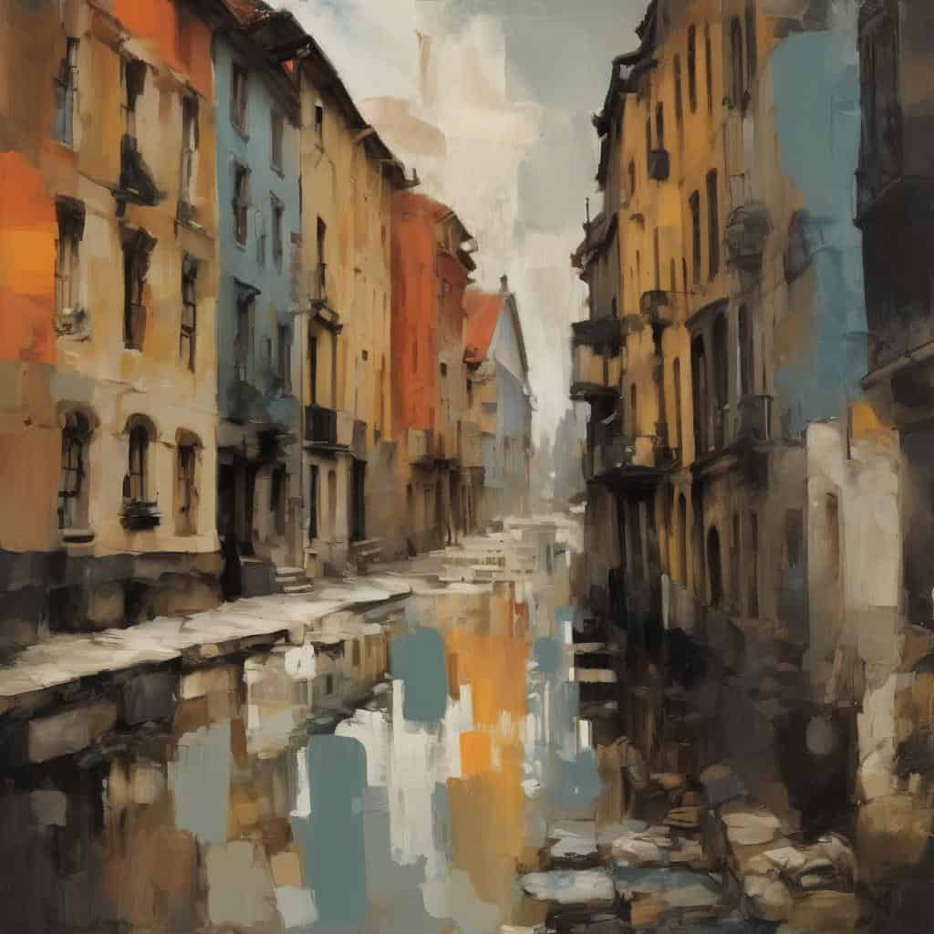 Απλά, πολύχρωμα σπίτια σε παλιά πόλη δίπλα σε κανάλι με καθρέφτη.