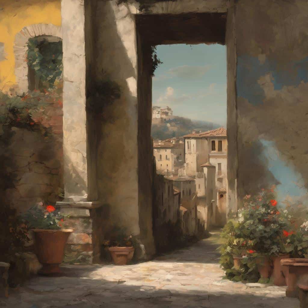 Μοντέρνο τοπίο από μια παλιά πόλη, με παραδοσιακά κτίρια, φυτά και καταπληκτική θέα στην κοιλάδα, από την «Από τη Φαντασία στην Πραγματικότητα».