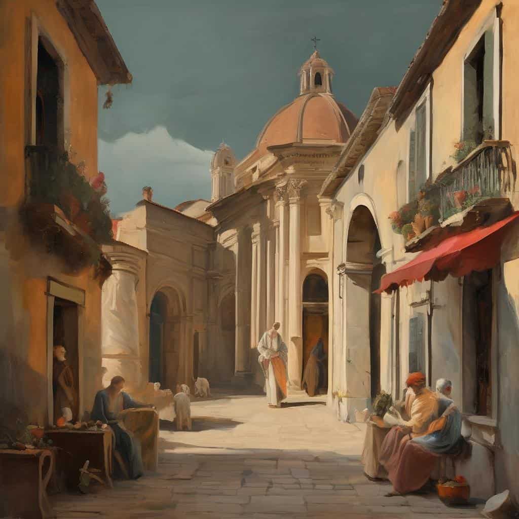 Φανταστική πόλη με αρχαία κτίρια και περαστικούς σε ζωγραφική ατμόσφαιρα, απόλυτη συνύπαρξη φαντασίας και πραγματικότητας.