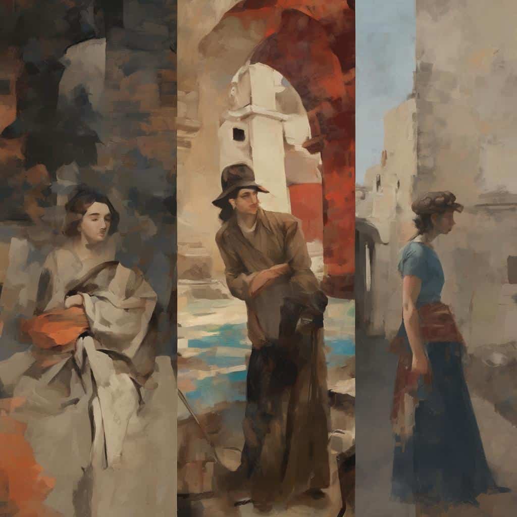 Παραδοσιακά ρούχα και γυναίκες σε γκαλερί, από τη φαντασία στην πραγματικότητα, σύγχρονη τέχνη, πολιτιστική έκθεση, εικόνες με λογοτεχνική αισθητική, θέμα τέχνης και κουλτούρας.