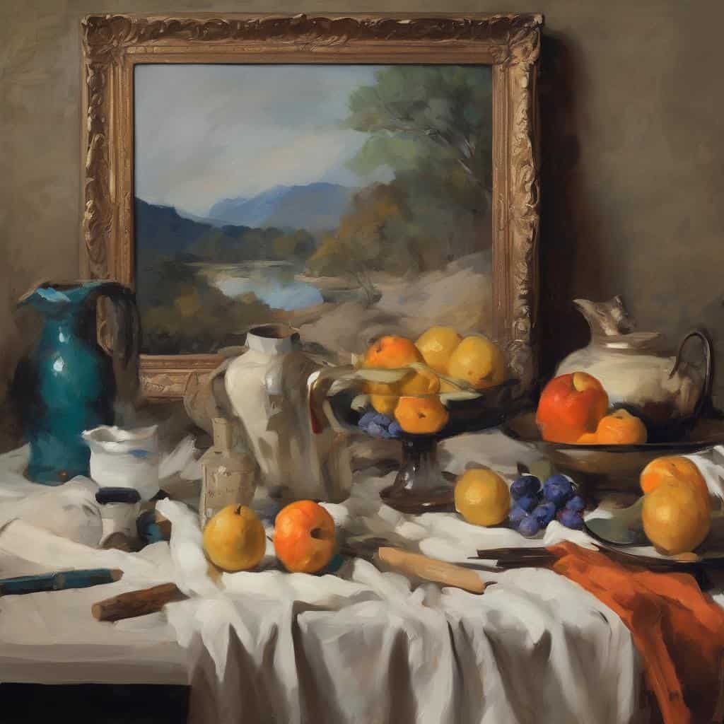 Φθορά πορτρέτου με ακρυλικά χρώματα, αντικείμενα και φρούτα, ρεαλιστική τέχνη, Still Life, Υπαίθρια ζωγραφική, φυσικό φως, καλλιτεχνική σύνθεση.